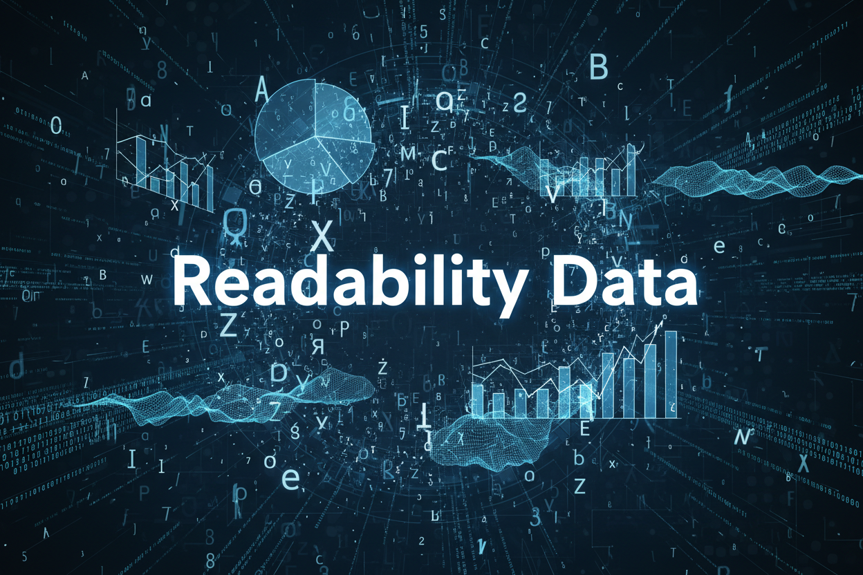 Create an image that has the words "Readability Data" in it, and represents letters, numbers, and data. 